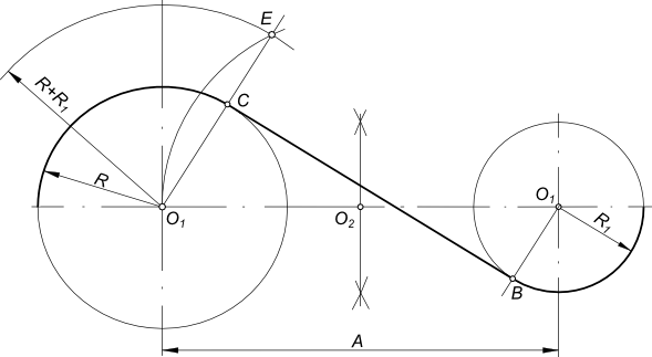Сопряжение двух дуг окружности прямой